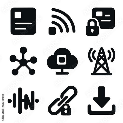 Satellite Data Icon Set. Solid, filled icons set of satellite data transmission: data packet, signal beams,