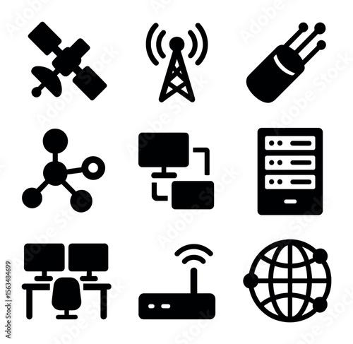 Communication Infrastructure Icons. Solid, filled icons set of communication infrastructure: relay satellite,