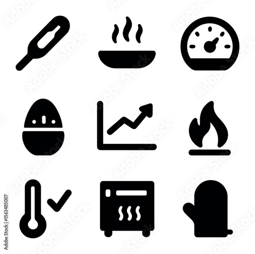 Cooking Safety Icons. Solid, filled icons set of cooking temperature safety: food thermometer, hot pan icon,