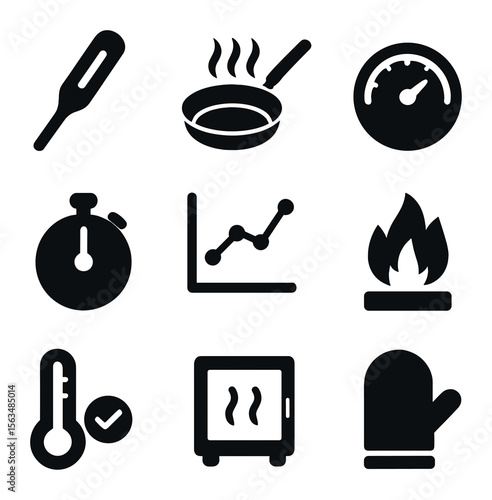 Cooking Safety Icons. Solid, filled icons set of cooking temperature safety: food thermometer, hot pan icon,