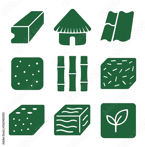 Green Building Icons. Solid, filled icons set of green building components: timber beam, thatch roof, clay