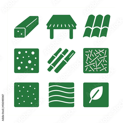 Green Building Icons. Solid, filled icons set of green building components: timber beam, thatch roof, clay