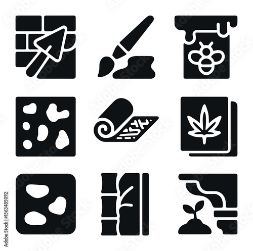 Eco-Friendly Building Finishes. Solid, filled icons set of low-impact building finishes: lime plaster, earth