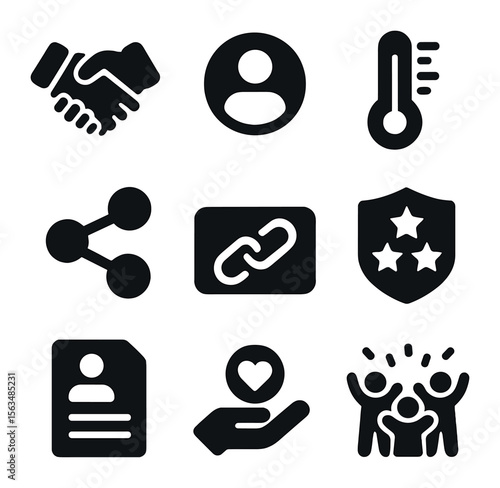 Peer-to-Peer Fundraising Icons. Solid, filled icons set of peer-to-peer fundraising: handshake icon, supporter