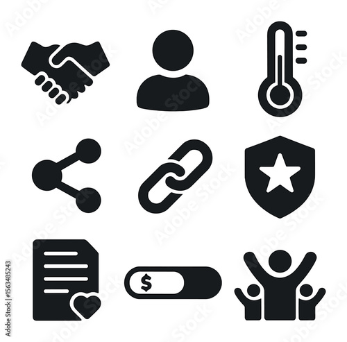 Peer-to-Peer Fundraising Icons. Solid, filled icons set of peer-to-peer fundraising: handshake icon, supporter