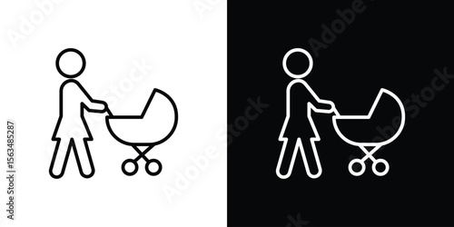 Woman with Baby Stroller icon Design concept. Black and white line icons