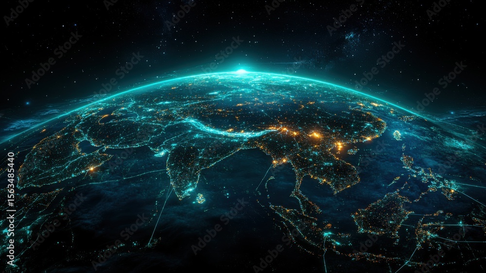 Fototapeta premium Digital Earth: Futuristic Global Network Over Asia at Night night digital futuristic space internet