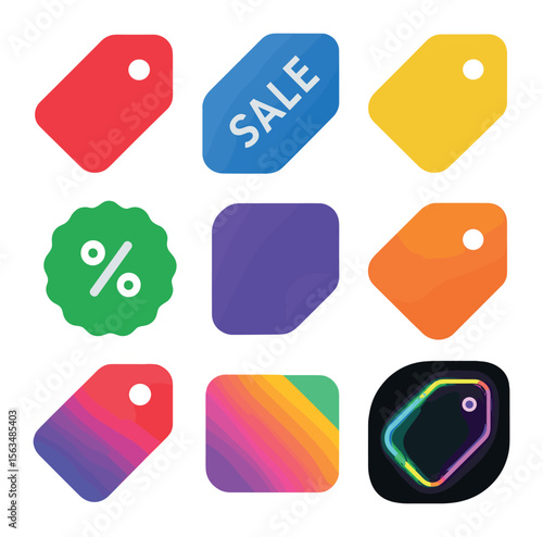 Colorful Price Tags. Solid, filled icons set of colorful price markers: bright red tag, blue sale tag, yellow