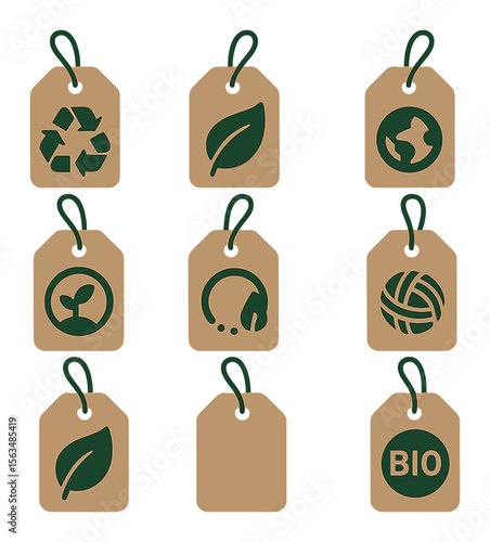 Eco-Friendly Tag Icons. Solid, filled icons set of eco-friendly pricing tags: recycled paper tag, green leaf