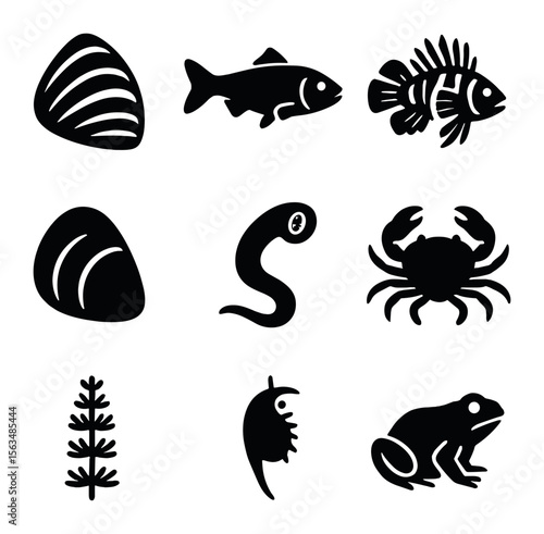 Invasive Aquatic Icons. Solid, filled icons set of invasive aquatic species: zebra mussel, Asian carp,