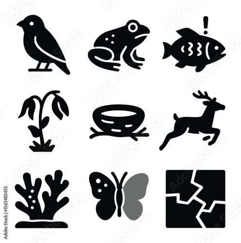 Endangered Wildlife Icons Grid. Solid, filled icons set of wildlife under threat: native bird, endangered frog