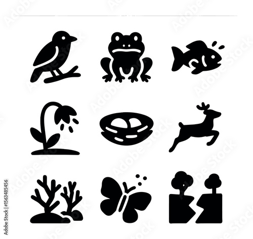 Endangered Wildlife Icons Grid. Solid, filled icons set of wildlife under threat: native bird, endangered frog