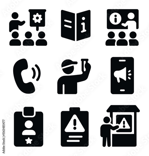Community Awareness Icons. Solid, filled icons set of community awareness icons: public workshop, info