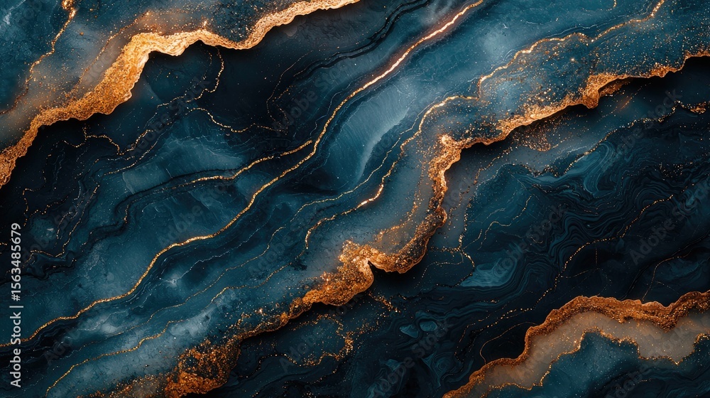 Obraz premium Detailed abstract pattern of dark blue and gold marbling.