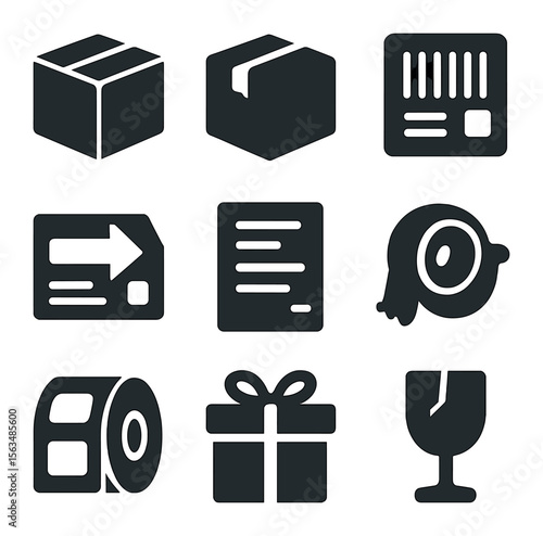E-commerce Packaging Icons. Solid, filled icons set of ecommerce packaging: sealed parcel, tape across box,