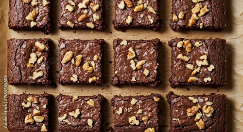 Delicious, freshly baked brownies with walnut topping, arranged on baking paper.