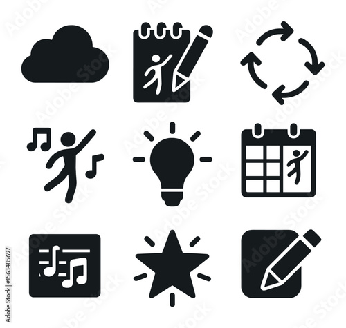 Choreography Icons Grid. Solid, filled icons set of creative choreography process: idea cloud, sketch pad,