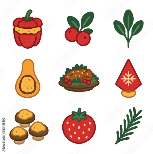 Festive Recipe Icons. Solid, filled icons set of holiday stuffed vegetable recipes: festive stuffed pepper,