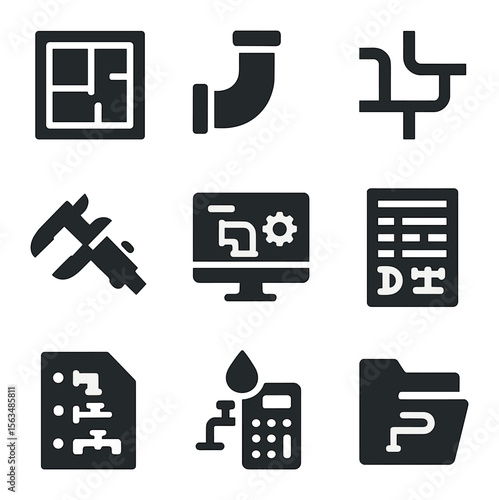 Plumbing Design Icons. Solid, filled icons set of plumbing design planning: floor plan blueprint, 3D pipe