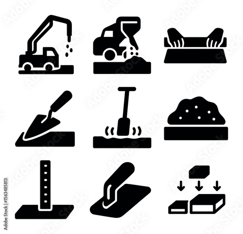 Concrete Pouring Icons. Solid, filled icons set of slab pouring techniques: concrete pump, pour chute, screed