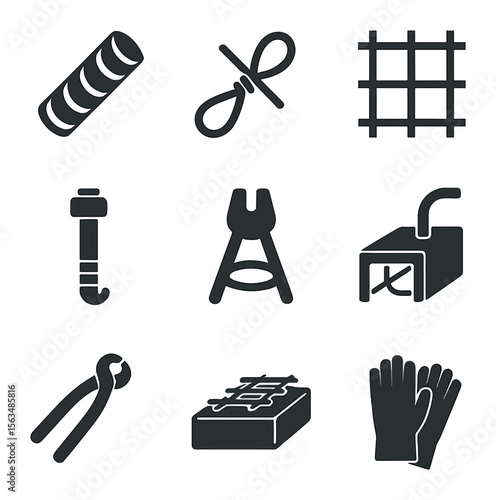 Reinforced Concrete Icons. Solid, filled icons set of reinforced concrete elements: steel rebar, wire tie,