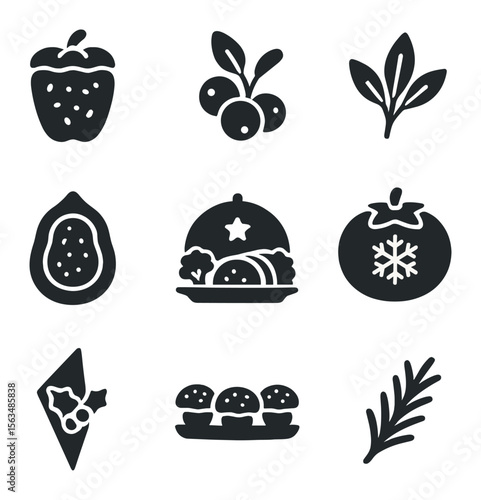 Festive Recipe Icons. Solid, filled icons set of holiday stuffed vegetable recipes: festive stuffed pepper,