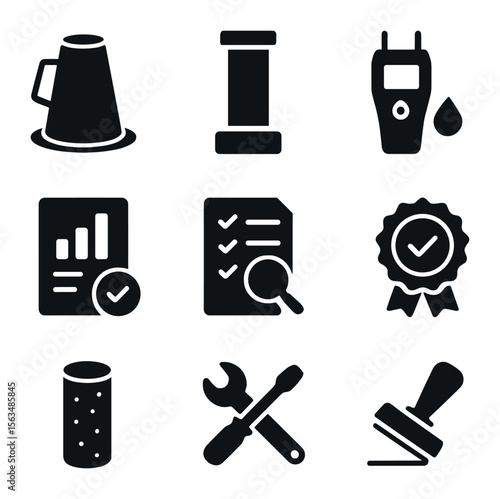 Quality Control Icons. Solid, filled icons set of quality control and inspection: slump test cone, compression