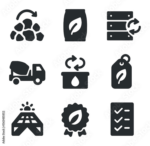 Eco-Friendly Construction Icons. Solid, filled icons set of concrete sustainability practices: recycled