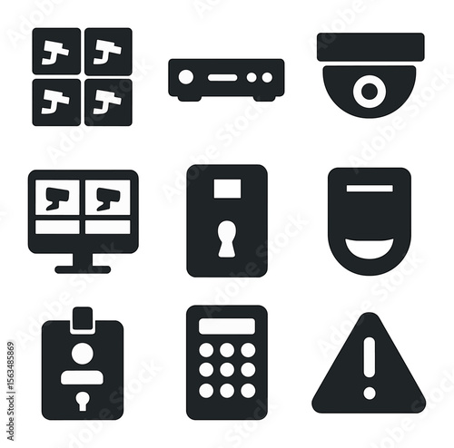 Surveillance Icon Set. Solid, filled icons set of commercial surveillance systems: multi-camera grid, DVR