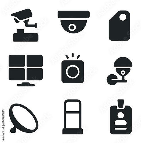 Retail Surveillance Icons. Solid, filled icons set of retail store surveillance: checkout camera, aisle camera