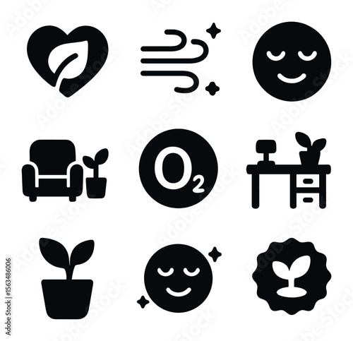 Wellness Icon Grid. Solid, filled icons set of wellness and greenery focus: heart leaf icon, fresh air symbol,