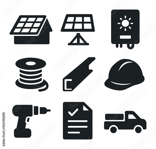 Solar Installation Icons. Solid, filled icons set of solar installation process: roof panel, ground mount,