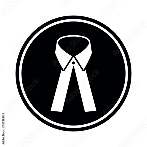 Black circular icon featuring a formal advocate neckband with collar buttons. Suitable for legal, judicial, lawyer, law firm, and court related content in professional minimal design.