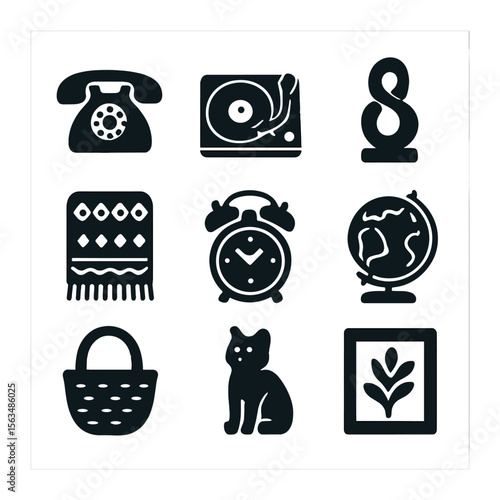 Vintage Accessory Icons. Solid, filled icons set of vintage accessory details: rotary phone, record player,