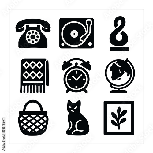 Vintage Accessory Icons. Solid, filled icons set of vintage accessory details: rotary phone, record player,