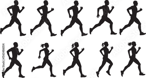 Silhouettes of men and women running in sequence showing motion and exercise