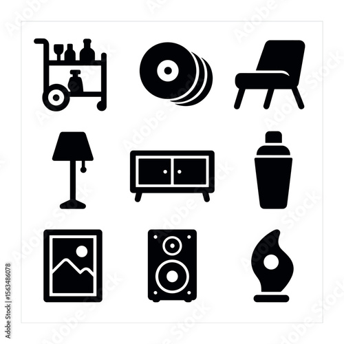 Retro Entertainment Icons. Solid, filled icons set of retro entertainment spaces: bar cart, vinyl record stack