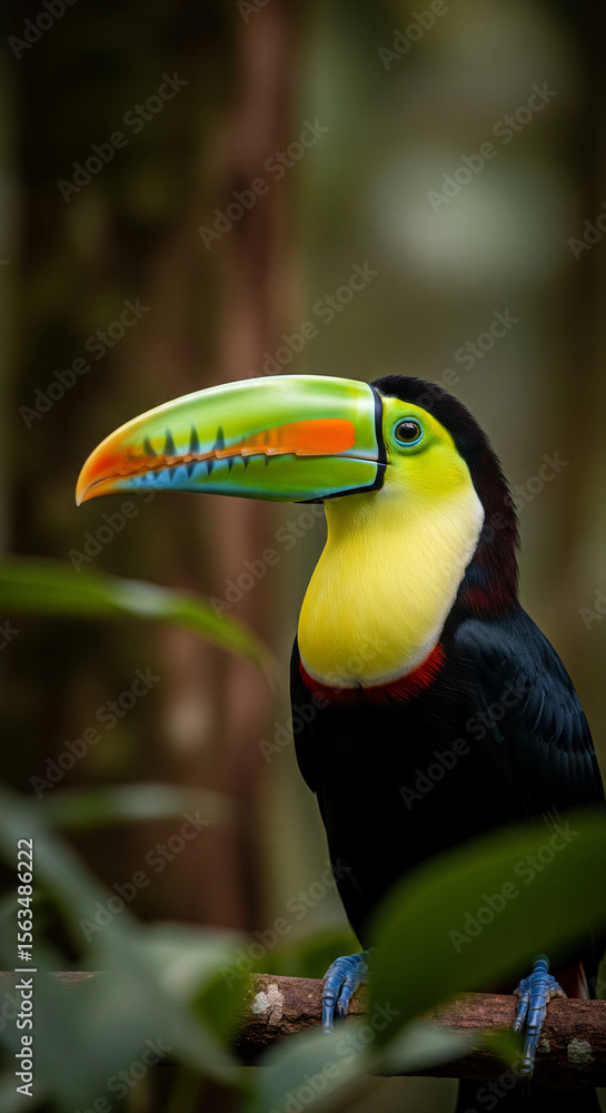 Fototapeta premium Colorful toucan perched on branch, vibrant beak, yellow breast, black plumage, rainforest background, showcasing exotic wildlife, ideal for nature or travel themes
