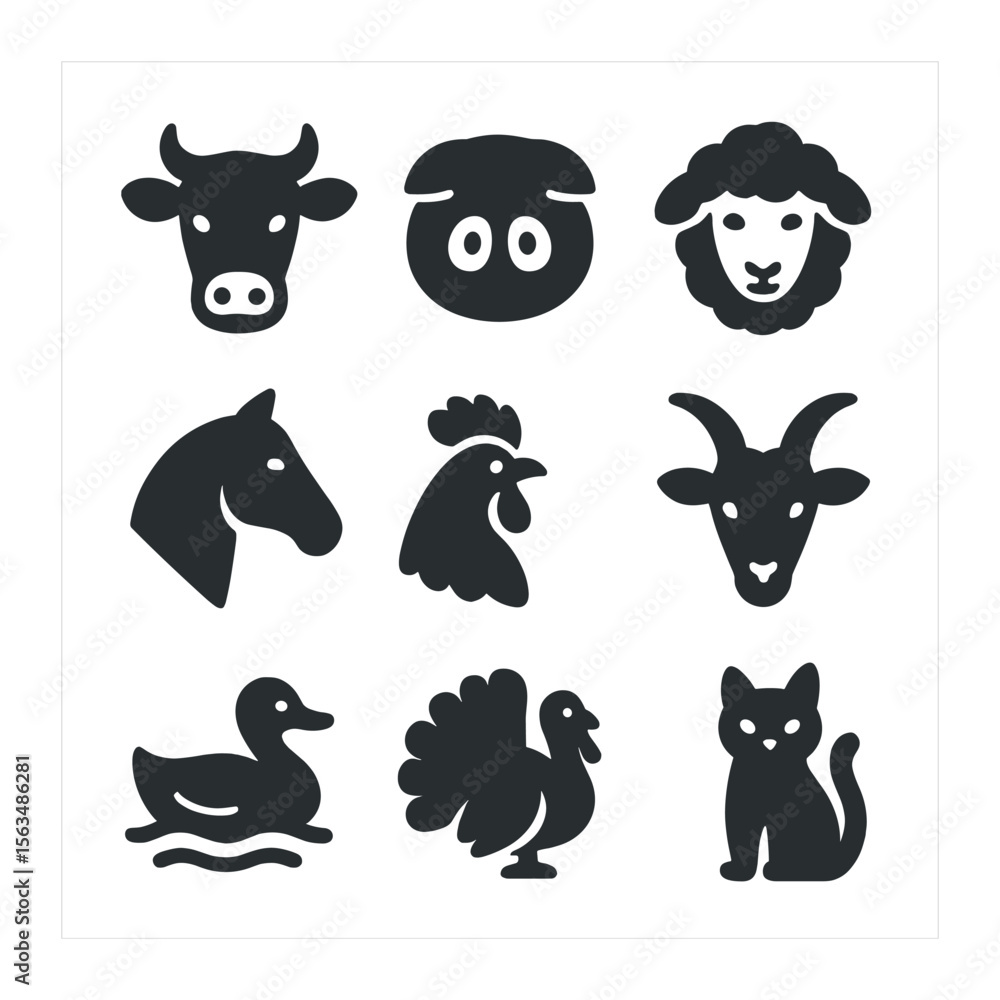 Fototapeta premium Farm Animal Icons. Solid, filled icons set of farm animals: cow head, pig snout, sheep wool, horse profile,