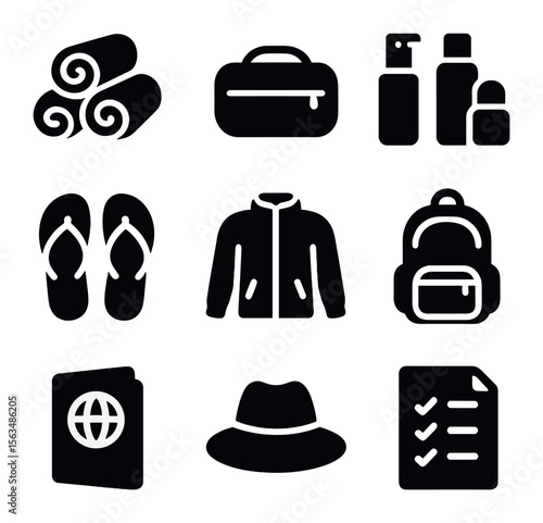 Efficient Travel Essentials. Solid, filled icons set of vacation packing on a budget: rolled clothes, small