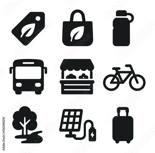 Eco-Friendly Travel Icons. Solid, filled icons set of sustainable budget travel: eco label, reusable bag,