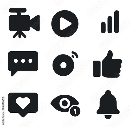 Live Stream Icon Set. Solid, filled icons set of live stream event features: broadcast camera, play button,