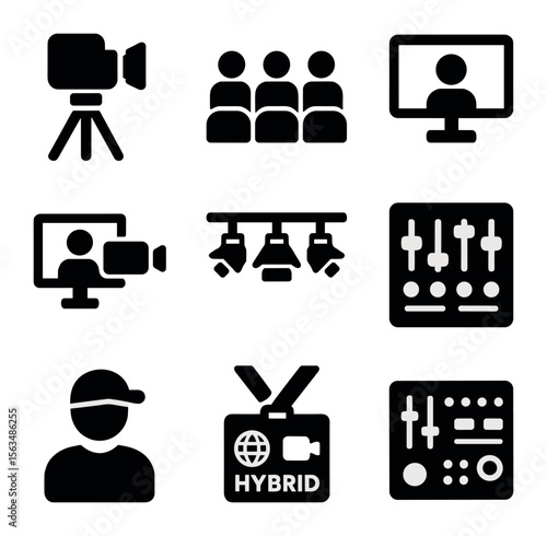 Hybrid Event Icons. Solid, filled icons set of hybrid event setup: stage camera, audience seats, virtual