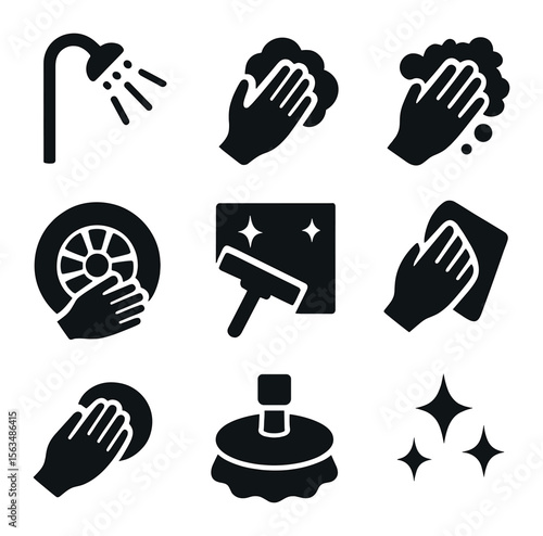 Washing Techniques Icons. Solid, filled icons set of washing techniques and steps: rinse spray, soaping motion