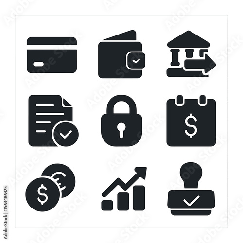 Secure Payment Icons. Solid, filled icons set of secure online payments: credit card, digital wallet, bank