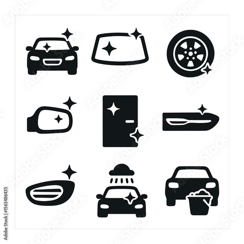 Car Cleaning Icons. Solid, filled icons set of car exterior cleaning: shiny hood, clean windshield, polished