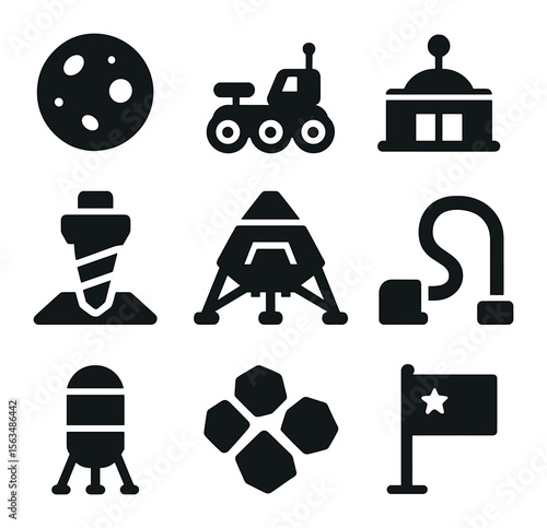 Planetary Resource Icon Set. Solid, filled icons set of planetary resource harvesting: small moon, surface