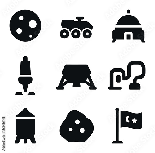 Planetary Resource Icon Set. Solid, filled icons set of planetary resource harvesting: small moon, surface