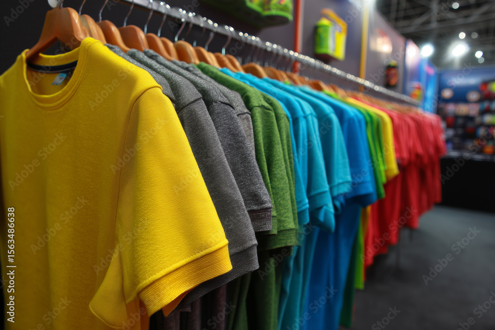 Fototapeta premium Colorful t-shirts hanging on rack in retail store