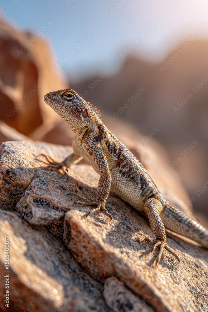 Fototapeta premium Lizard basking on a sunlit rock in the desert